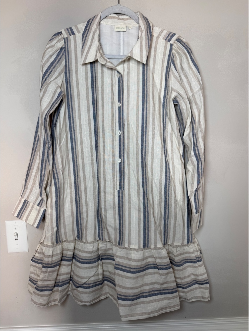 Spartina Medium Striped Button-Down Linen Blend Long Sleeve Dress. Ruffle Hem